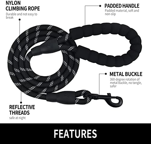 5FT Reflective Dog Leash with Padded Handle for All Dog Sizes.Black