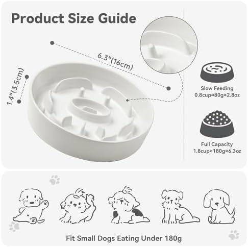 Ceramic Slow Feeder Dog Bowl - Feeding Dish for Fast Eaters - Maze Dog Bowl to Slow Down Eating - Ideal Food Control Dish for Small Breeds - 0.8 Cups (80g) - 6.3 Inch - White