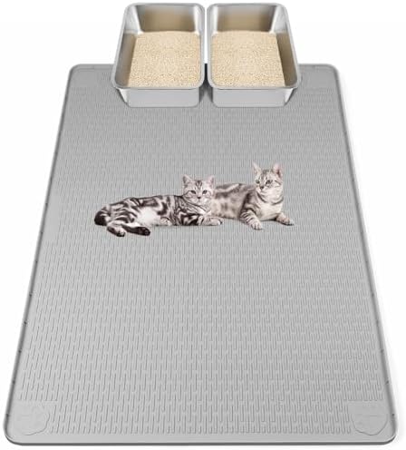 Kalolary Cat Litter Mats, 50" x 35" Extra Large Silicone Cat Mat for Litter Box, Easy to Clean Kitty Litter Trapping Mat, Soft on Kittys Paws, Waterproof, Urine-Proof Kitty Litter Mats for Floor, Grey