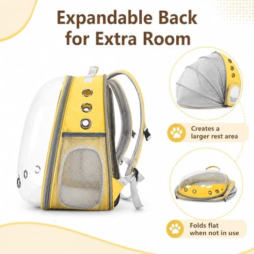 Cat Backpack Carrier Back Expandable Bubble Pet Carrier Backpack for Large Cat, Kitten and Dog, Designed for Hiking, Travelling and Outdoor Use (Back Expandable-Yellow)