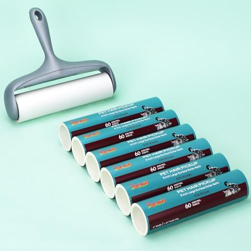 8 inch Large Surface Roller Refill for Scotch-Brite Pet Hair Pickup Extra Sticky Large Lint Roller 60 Sheets per Refill 6 Pack 360 Easy-Tear Adhesive Sheets Total