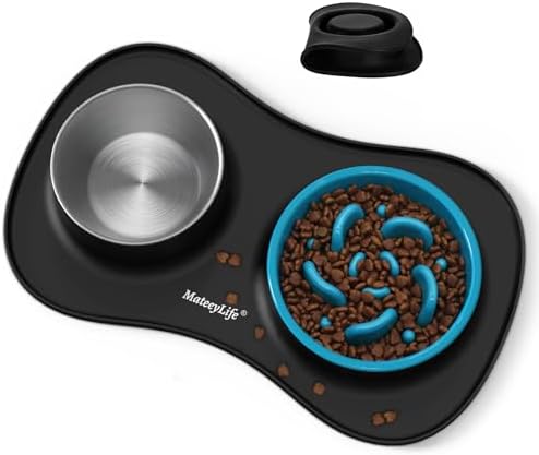 MateeyLife Dog Food and Water Bowl Set 3 in 1, Slow Feeder Dog Bowls & Stainless Steel Water Bowl with Non-Spill Silicone Mat, Cat and Puppy Bowls Pet Dishes for Small Medium Large Breed Anti-Choking