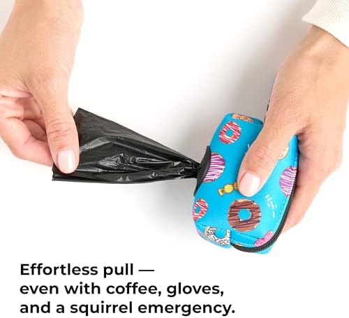 KIKI & RIKI Premium Dog Poop Bag Holder, Waste Dispenser with Leash Clip, Artist-Designed Print (Designed in Georgia), Includes 1 Starter Roll of Bags, Fits Standard Rolls, Light Blue (Sweetie Donut)