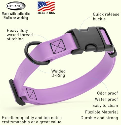 Dogline Biothane Waterproof Dog Collar with Quick Release Buckle Strong Coated Nylon Webbing with Odor- Proof for Easy Care Easy to Clean Fits Small Medium Large Dogs, Amethyst Purple 5/8" W 9-14" L