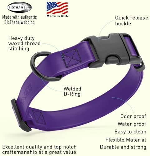 Dogline Biothane Waterproof Dog Collar with Quick Release Buckle Strong Coated Nylon Webbing with Odor- Proof for Easy Care Easy to Clean Fits Small Medium Large Dogs, Purple 1" W 15-23" L