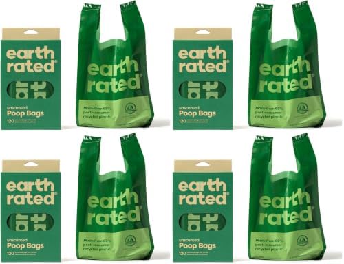 Earth Rated Dog Poop Bags with Handles, Extra Wide, Easy Tie and Guaranteed Leakproof, Unscented, 120 Handle Bags (Pack of 4)