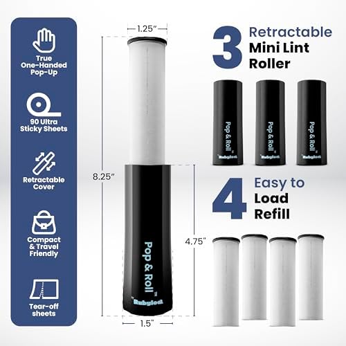 Retractable Mini Lint Roller for Pet Hair, 210 Sheets, 3 Pack + 4 Refills