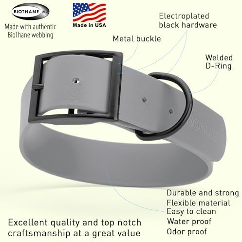 Dogline Biothane Waterproof Dog Collar Strong Coated Nylon Webbing with Black Hardware Odor- Proof for Easy Care Easy to Clean High Performance Fits Small Medium or Large Dogs, Battleship Gray