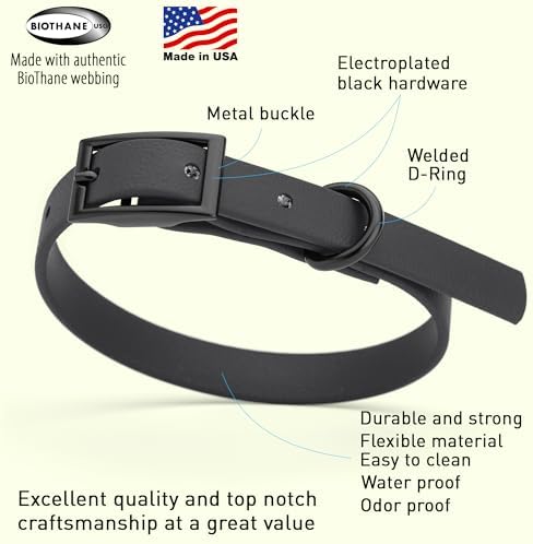Dogline Biothane Waterproof Dog Collar Strong Coated Nylon Webbing with Black Hardware Odor- Proof for Easy Care Easy to Clean High Performance Fits Small Medium or Large Dogs, Black