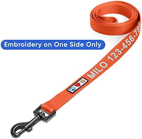 Pawtitas Personalized 6 ft Orange Dog Leash M/L Custom Name and Phone Embroidery Strong Nylon Leash for Medium and Large Breeds