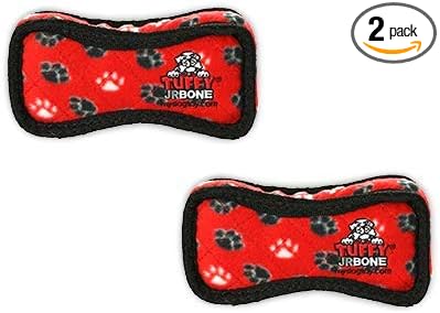 TUFFY - World's Tuffest Soft Dog Toy - Junior Bone -Squeakers -Multiple Layers. Made Durable, Strong & Tough.Interactive Play(Tug, Toss & Fetch). Machine Washable & Floats (Red Paw, Bone2 2 Pack)