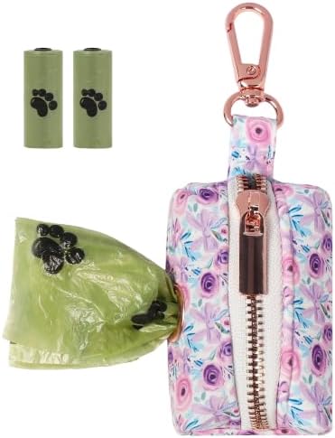 ARING PET Floral Dog Poop Bag Holder, Cotton Puppy Purple Rose Waste Bag Dispenser Attach to Any Leashes, Portable Washable Pet Waste Pouch Holder with Two Rolls of Bags