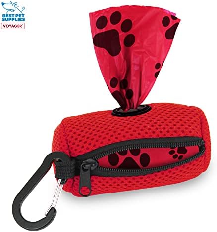 Best Pet Supplies Dog Poop Bag Holder Leash Attachment with Reusable Dispenser for Travel, Walking, Park, and Outdoor Use, Durable with Clip-On - Red, Mesh Dispenser w/15 Bags