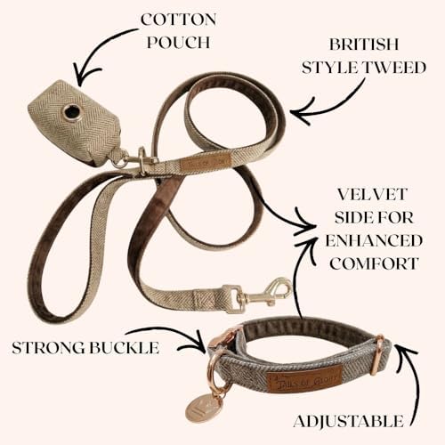 – Luxury 3-Piece Dog Walking Set – Adjustable Collar, 150 cm Leash, Poo Bag Holder – English Tweed & Soft Velvet – Elegant, Comfortable & Practical – 3 Colors