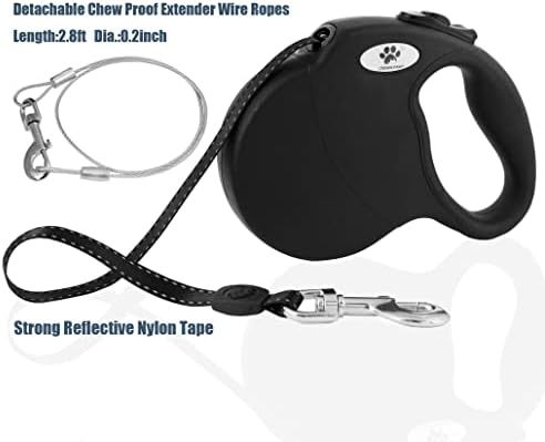 16ft Retractable Dog Leash for Large Breed Dogs up to 110 lbs with a Detachable Chew Proof Extender Wire Ropes (Black L)