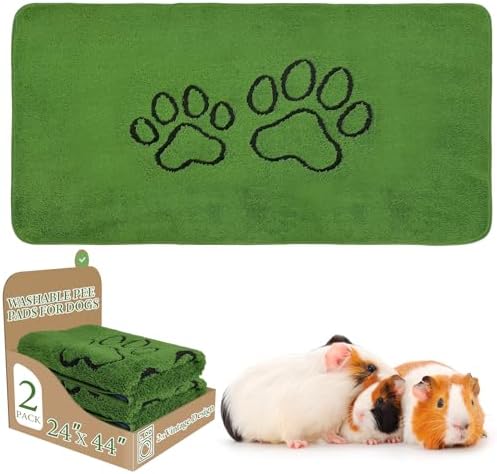 Homimp Guinea Pig Cage Liners, 2 Pack Washable Small Animal Bedding, Fast and Super Absorbent Mat for Small Animal Rabbit Bunny Hamster, Green Long Wool Fake Grass for Potty Training, Green 24"×44"
