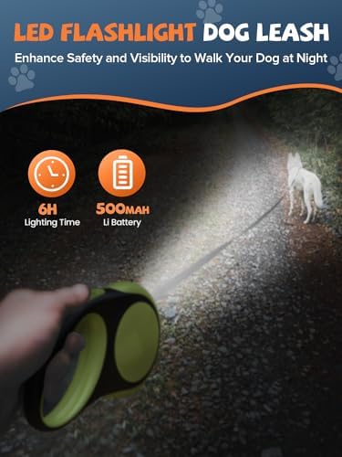 Retractable Dog Leash with LED Flashlight, Douexio Upgrade 3 in 1 Dog Leash Retractable for Small Medium Dogs Up to 66 lbs, 16ft, Anti-Slip Handle (Black-Green)