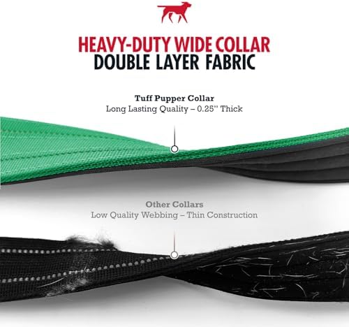 Tuff Pupper Heavy Duty Tactical Dog Collar | 1.5" Wide Ballistic Nylon | Reflective Stitching | Integrated ID Tag Holder | Stainless Steel Buckle | Padded Lining | Medium & Large Dogs (Green, Medium)