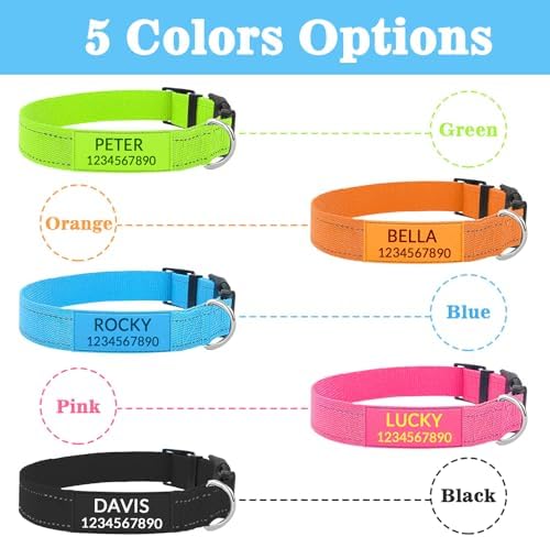 Personalized Dog Collars with Pet Name/Phone Number Custom Reflective Nylon Collar - Adjustable Sizes for Small Medium Large Dogs