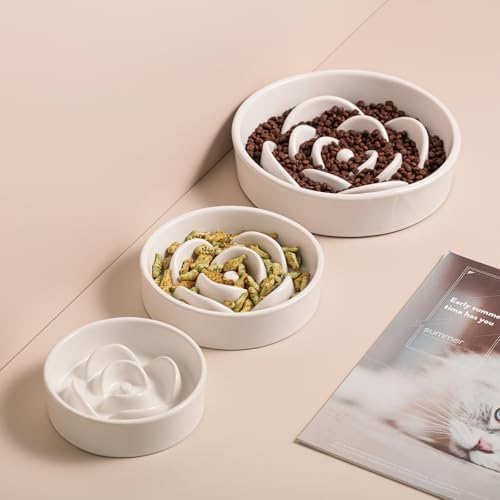 White Ceramic Slow Feeder Dog Bowl for Small and Medium Breeds,6.1 in Slow Feeding Bowl,Puzzle Cat Dog Food Bowl for Fast Eater,Maze Dish Puzzle Bowl for Small Dogs and Cats