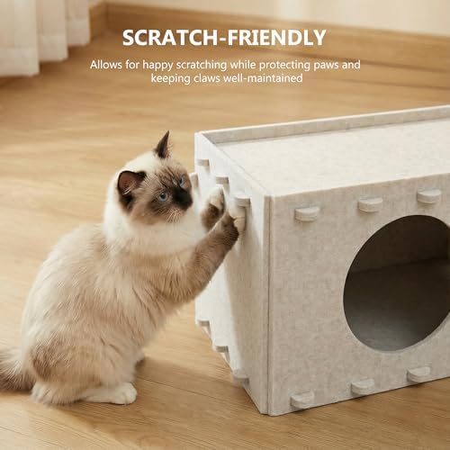 Cat House for Indoor Cats, Scratch Resistance Cat Cave Bed, Felt Peekaboo Cat Hideaway for Large & Multiple Cats Up to 22Lbs, Cream