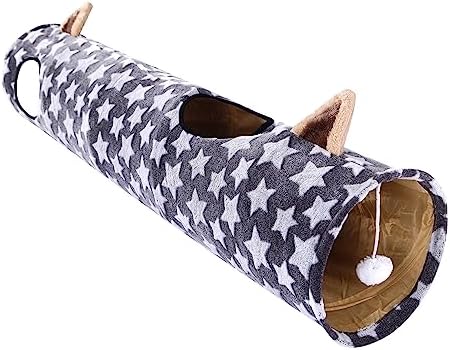 Cat Tunnel -Straight-Shaped, Gray Star Pattern, Soft Velvet Exterior, Oxford Fabric Fog-Proof Interior, Plush Toy Ball, Easily Washable, Conveniently Foldable, 47.2in/120cm