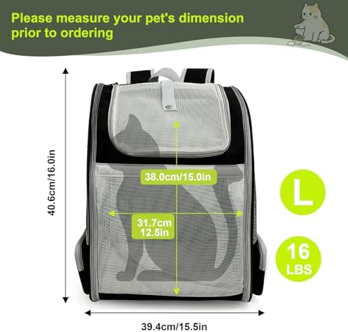 Backpack to Carry Cat and Small Puppy up to 16 Pounds, Breathable Pet Carrier to Transport Kitten Rabbit to Vet Visit Bag, Airline Approved Collapsible Black