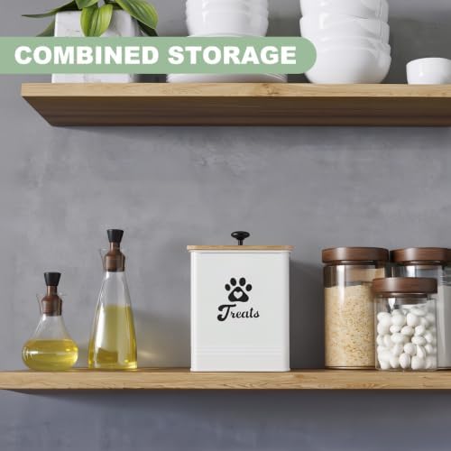 Dog Treat Container Airtight, 5.7" W x 6.7" H Iron Pet Treat Jar with Bamboo Lid, 12 Cup Food Storage Canister for Kitchen Counter, Decorative Pet Cookie Jar for Dog Snacks Kibble,White