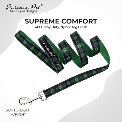 Parisian Pet Plaid Dog Leash - Nylon Heavy Duty Training Leashes for Dogs with Comfortable Handle - Strong Metal Clip 4Ft Scottish Green Puppy Leash - Chew Proof Leashes for Small and Medium Dogs