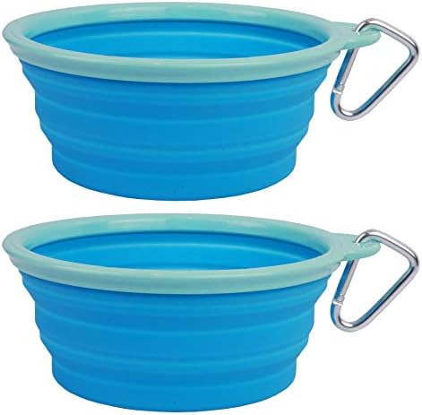Prima Pet Collapsible Silicone Water Travel Bowl with Clip for Dog and Cat, Portable and Durable Pop-up Feeder for Convenient On-The-go Feeding – Size: Large (5 Cups) Aqua – 2 Pack