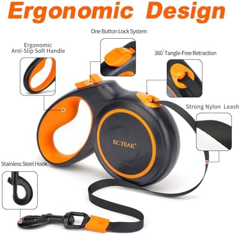 Retractable Dog Leash, Great Leash Retractable for Small/Medium/Large Dogs up to 110 lbs, Strong Nylon Tape, Tangle Free, One-Hand Brake