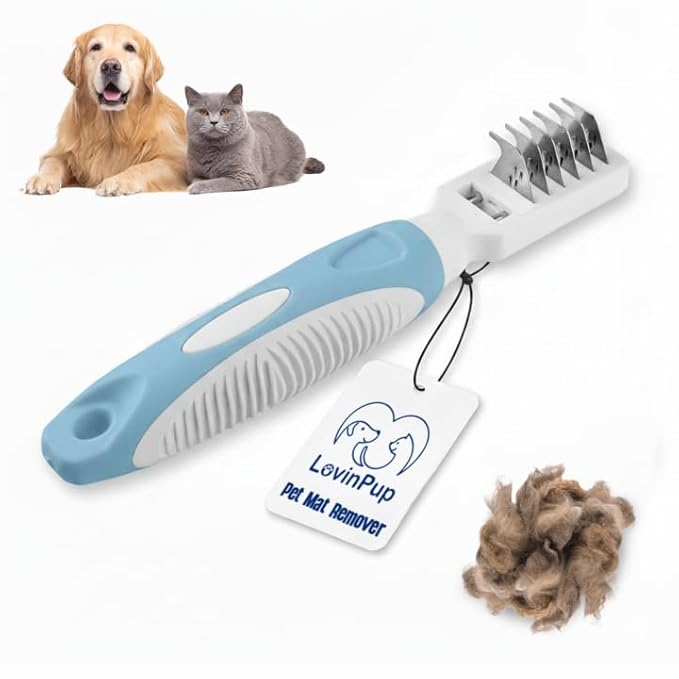 Pet Mat Remover – Professional Dematting Comb for Dogs and Cats | Dematting Comb w/Stainless Steel Rounded Teeth for Gentle Knot & Tangle Removal – Dog Dematting Tools & Dog Grooming Supplies