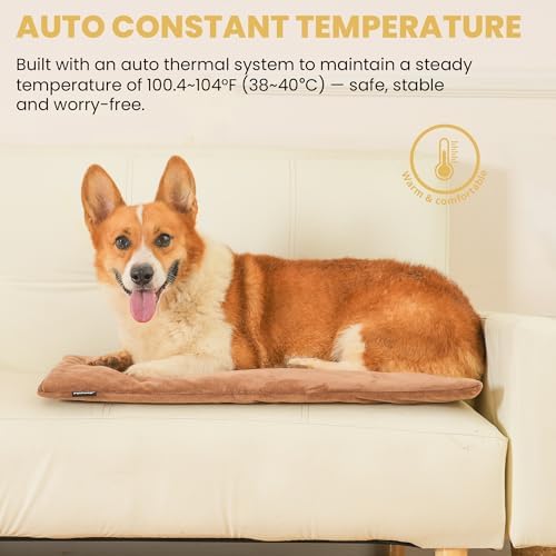 Pet Heating Pad for Cats Dogs Indoor & Sheltered Outdoor Waterproof Heated Cat Bed Heated Dog Bed Chew Resistant Cord Constant Temperature Electric Warming (Brown, L: 26" × 20" × 1.3")