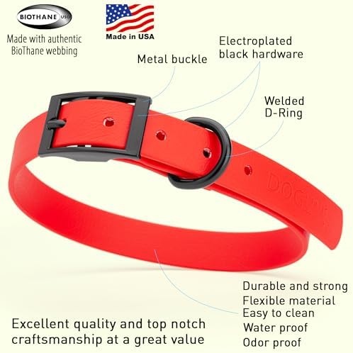 Dogline Biothane Waterproof Dog Collar Strong Coated Nylon Webbing with Black Hardware Odor- Proof for Easy Care Easy to Clean High Performance Fits Small Medium or Large Dogs, Cherry Red