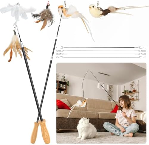 ROSAUI Cat Teaser Wand Toys, Interactive Bird Toy for Indoor Kittens, 53.15’’ Long Cat Fishing Pole Toys, 2X Wires and 5X Natural Refills, Sustainable Wooden Handles, Exercising, Playing