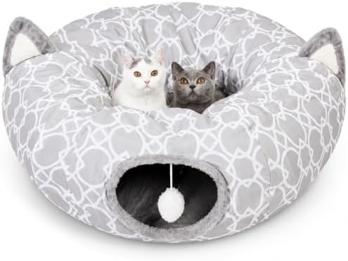 Geometric Cat Tunnel Bed Under Christmas Tree Oxford Outside with Plush Inside,Cats Toys Collapsible Tunnel Tube with Balls, for Rabbits, Kittens, Ferrets,Puppy 3FT