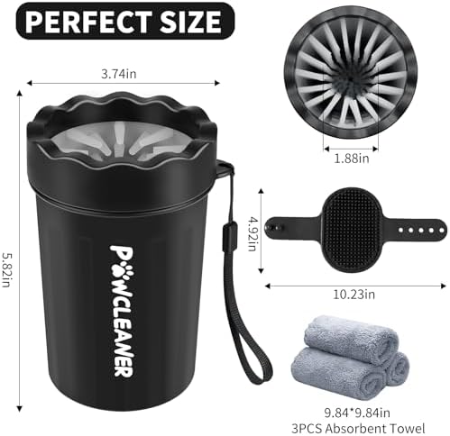 Professional 7 in 1 Dog Paw Cleaner for Dogs & Cats - Includes 1 Portable Paw Washer, 1 Bath Brush, 2 Dog Toothbrushes and 3 Absorbent Towels Note: Fits Paws 1.5 to 2.5 Inches Wide (Medium, Black)