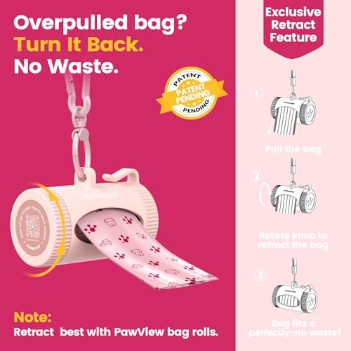 Dog Poop Bags Rolls with Retractable Poop Bag Holder, Leak Proof and Extra Thick Lavender Pet Waste Bags, 70% Recycled GRS Certified, 1 Dispenser and 105 Bags for Doggy Walking & Cat Litter