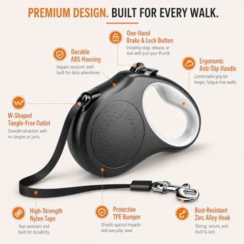 Retractable Dog Leash, 16 FT Strong Nylon Tape for Small and Medium Dogs up to 55 lbs, 360° Tangle-Free Design, One-Hand Brake & Lock with 3 Control Modes, Ergonomic Non-Slip Handle