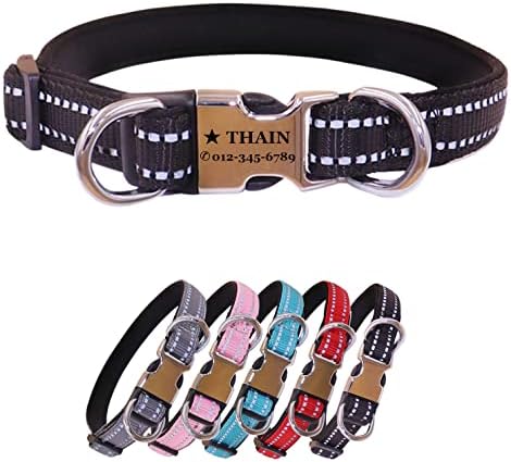 THAIN Reflective Personalized Dog Collar Engraved Custom Buckle- Soft Nylon Pet Collar with Name Plate Engraved Name, Phone Number, Silent,No Noise Adjustable (L, Black)