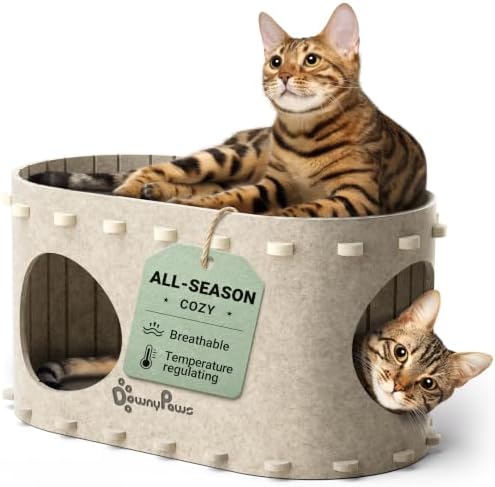 DownyPaws Cat House for Indoor Cats, Peekaboo Cat Bed Cave, Cream