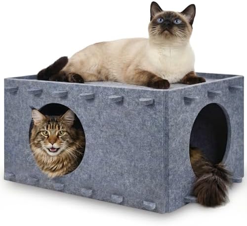 Cat House for Indoor Cats, Scratch Resistance Cat Cave Bed, Felt Peekaboo Cat Hideaway for Large & Multiple Cats Up to 22Lbs, Gray