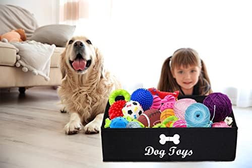 Geyecete Large Dog Toys Storage Bins - Foldable linen Trapezoid Organizer Boxes with weave Rope Handle, Collapsible Basket for Shelves (Black-DOG)