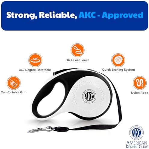 American Kennel Club Retractable Dog Leash, 16.4ft, Tangle-Free, Ergonomic Grip, One-Hand Brake, for Medium & Large Dogs up to 66