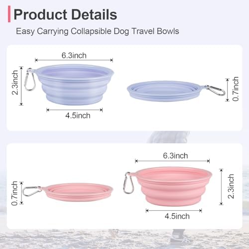 Kytely Collapsible Dog Bowls Medium, 2Pack Foldable Dog Travel Bowl, Portable Pet Water Food Bowl with Clasp, Pet Cat Feeding Cup Dish for Traveling, Walking, Hiking (Lavender & Pink)