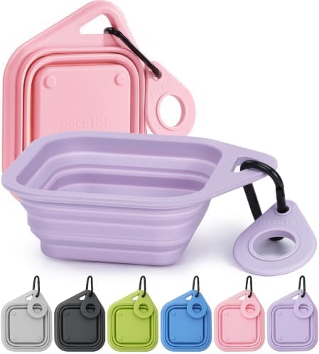 Pecute 2 Pack Foldable Dog Bowls for Travel, Portable Silicone, Pink/Purple