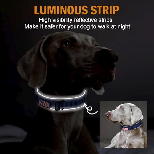 HYDEME Tactical Dog Collar, Alpine Loop Adjustable Military Training Nylon Dog Collars with Handle and Reflective for Small Medium Large Dogs, with Airtags Protective Case & Patches.(XL,Deepblue)