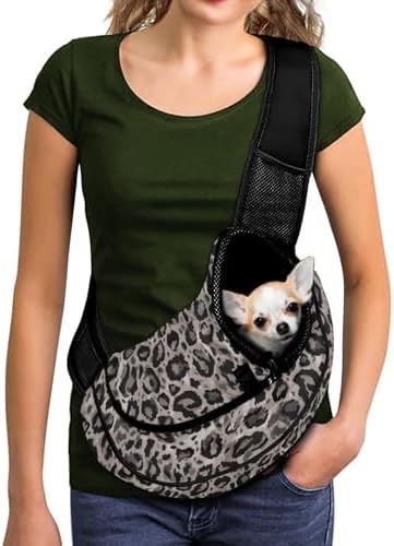 Grey Leopard Print Small Dog Sling Carrier for Small Pets Cats Puppies Breathable Mesh Front Pack Hands Free Carrier Bag with Adjustable Shoulder Strap for Outdoor Travel
