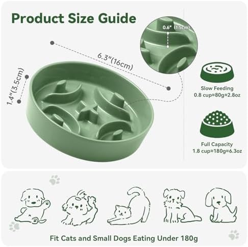 Ceramic Slow Feeder Dog Bowl, 0.8 Cups Anti -Slip Slow Feeding Bowl to Slow Down Eating, 6.3 Inch Dog Food Dish for Small Breeds, Green