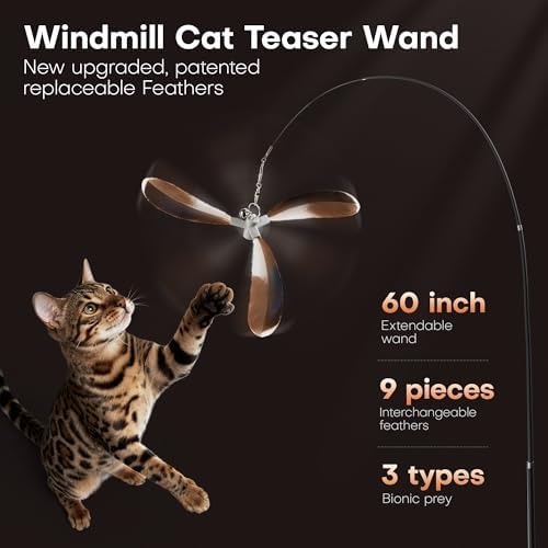 Potaroma Cat Wand Toy, Retractable Carbon Fiber Feather Teaser with Bells